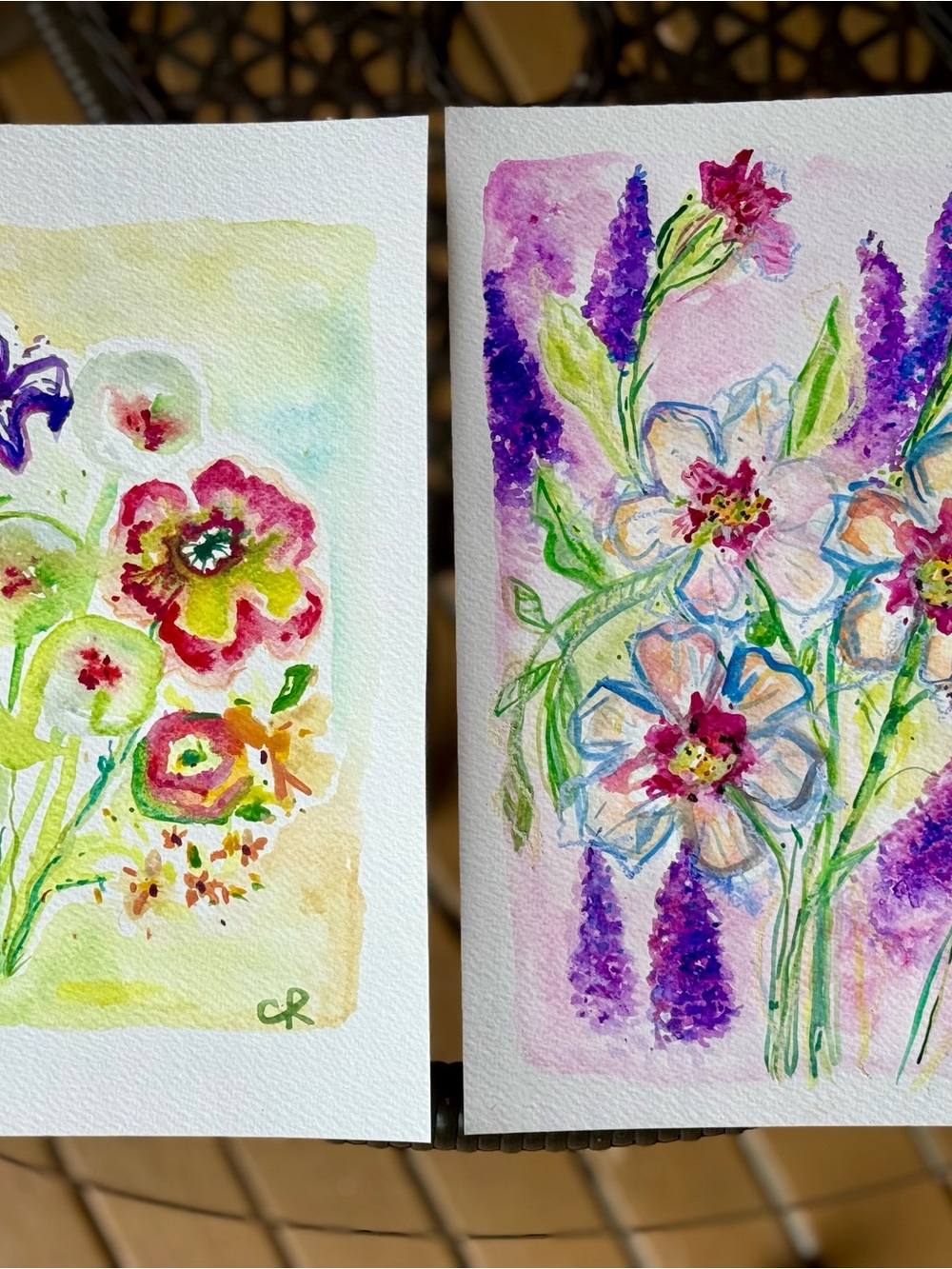 Set of 2 Hand-Painted original one of a kind Floral Watercolor Pieces
